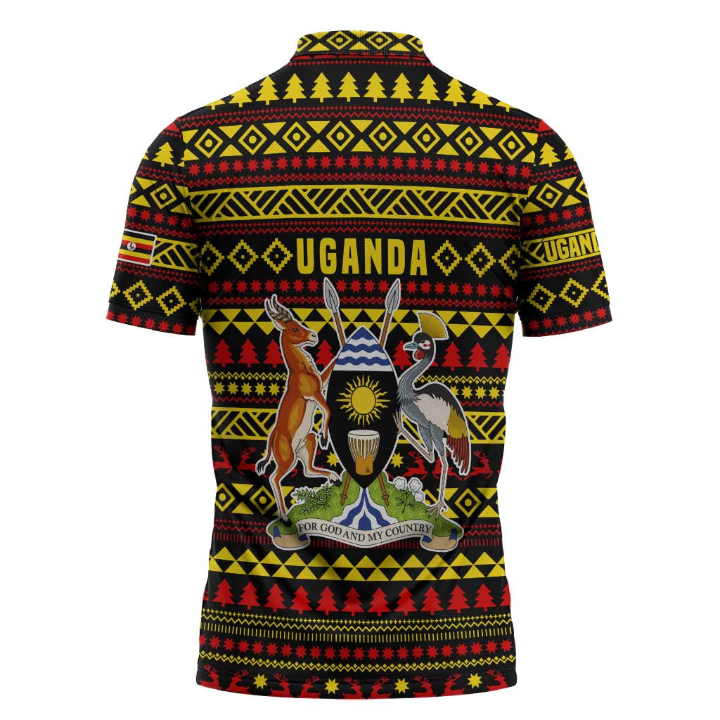 Uganda Christmas Zipper Polo Shirt with Flamingo Lights Uganda Flag and Black Red Yellow Tribal Pattern Design - Wonder Print Shop