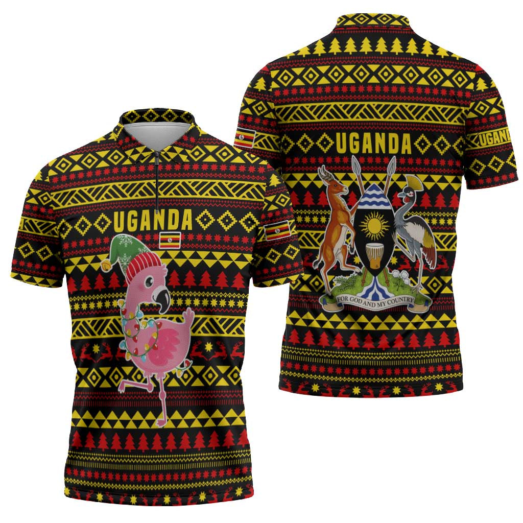 Uganda Christmas Zipper Polo Shirt with Flamingo Lights Uganda Flag and Black Red Yellow Tribal Pattern Design - Wonder Print Shop