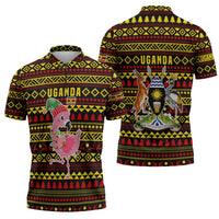 Uganda Christmas Zipper Polo Shirt with Flamingo Lights Uganda Flag and Black Red Yellow Tribal Pattern Design - Wonder Print Shop