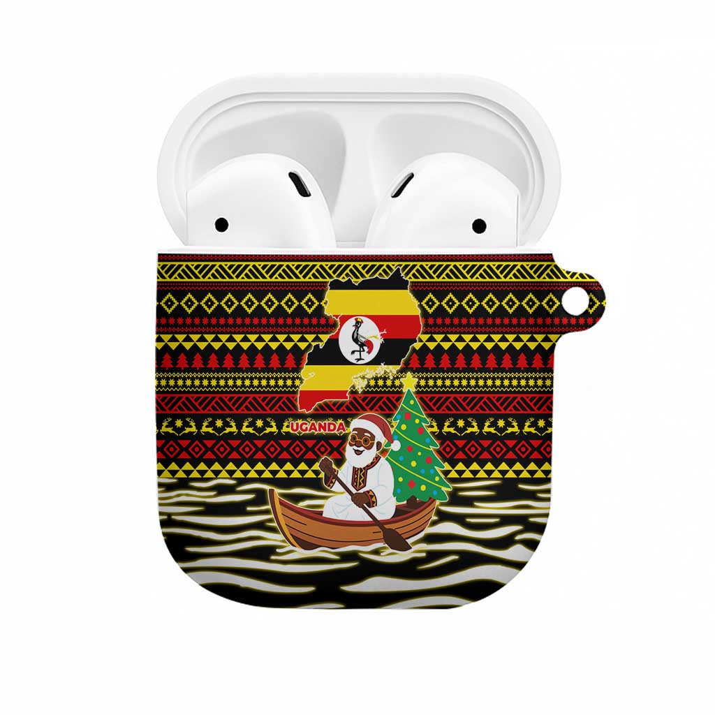 Uganda Christmas AirPods Case with Santa in Canoe Christmas Tree Uganda Map Flag and Black Red Yellow Tribal Pattern Design - Wonder Print Shop