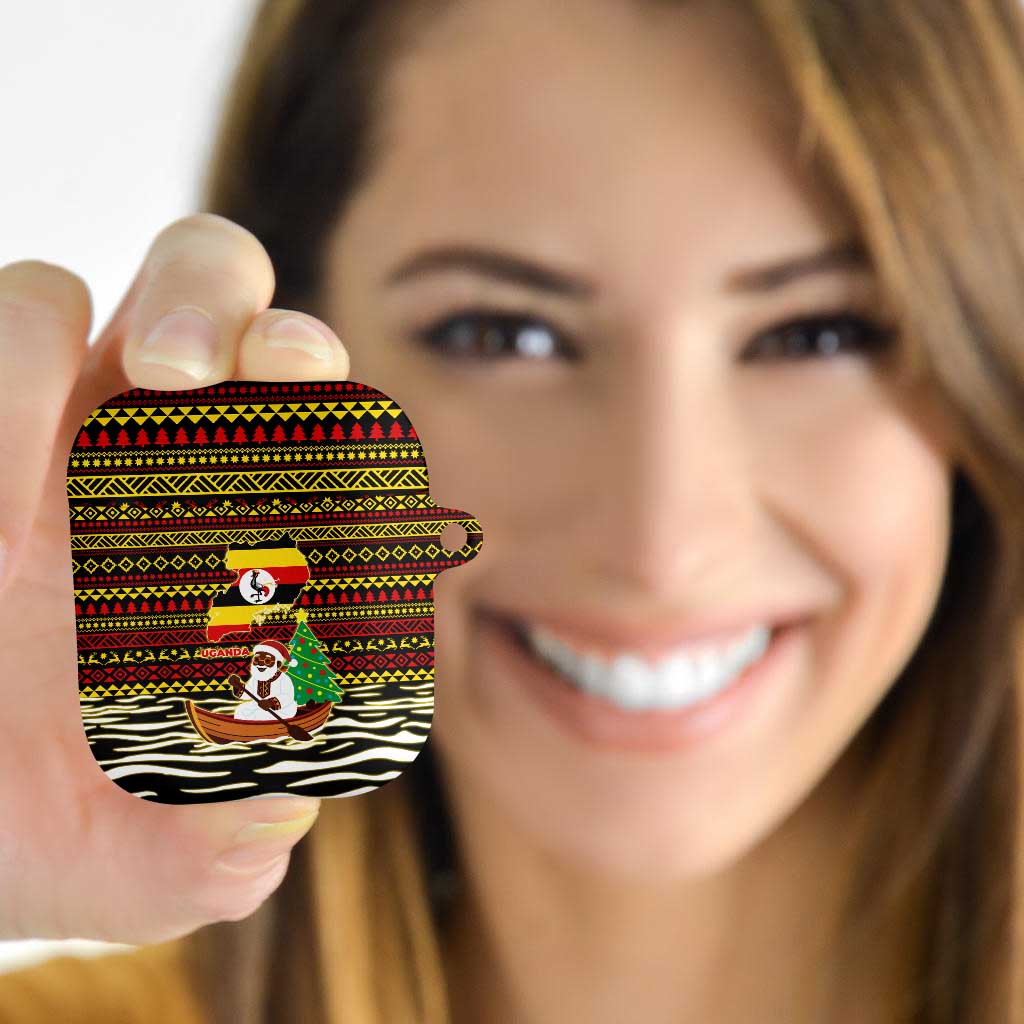 Uganda Christmas AirPods Case with Santa in Canoe Christmas Tree Uganda Map Flag and Black Red Yellow Tribal Pattern Design - Wonder Print Shop