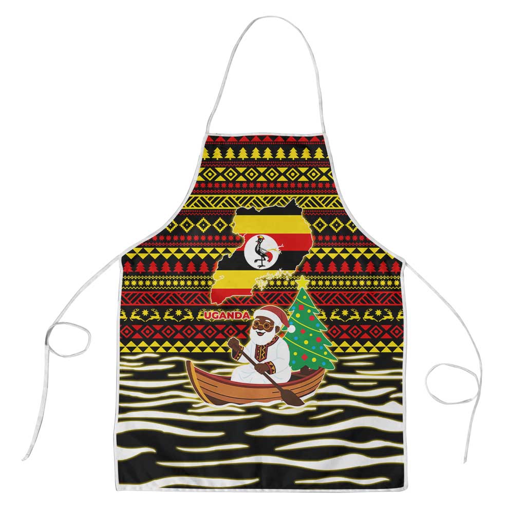 Uganda Christmas Apron with Santa in Canoe Christmas Tree Uganda Map Flag and Black Red Yellow Tribal Pattern Design - Wonder Print Shop