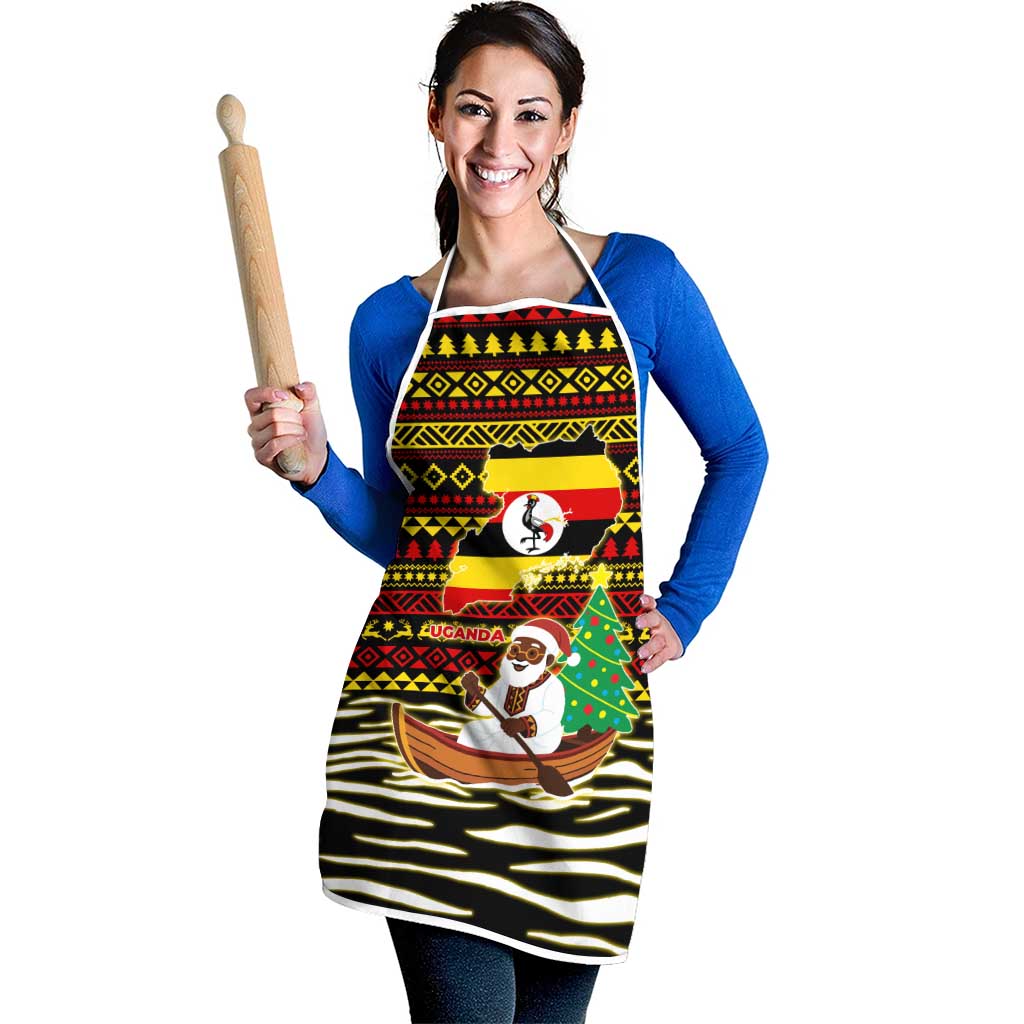 Uganda Christmas Apron with Santa in Canoe Christmas Tree Uganda Map Flag and Black Red Yellow Tribal Pattern Design - Wonder Print Shop