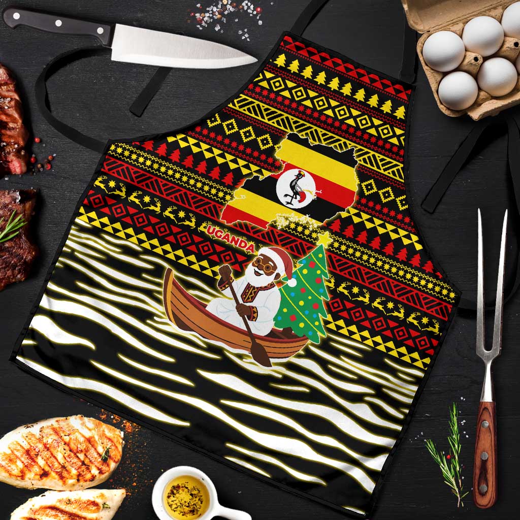 Uganda Christmas Apron with Santa in Canoe Christmas Tree Uganda Map Flag and Black Red Yellow Tribal Pattern Design - Wonder Print Shop
