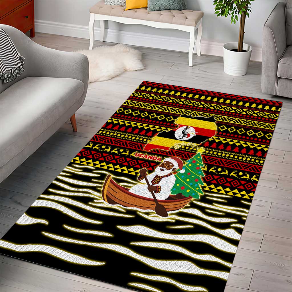 Uganda Christmas Area Rug with Santa in Canoe Christmas Tree Uganda Map Flag and Black Red Yellow Tribal Pattern Design - Wonder Print Shop