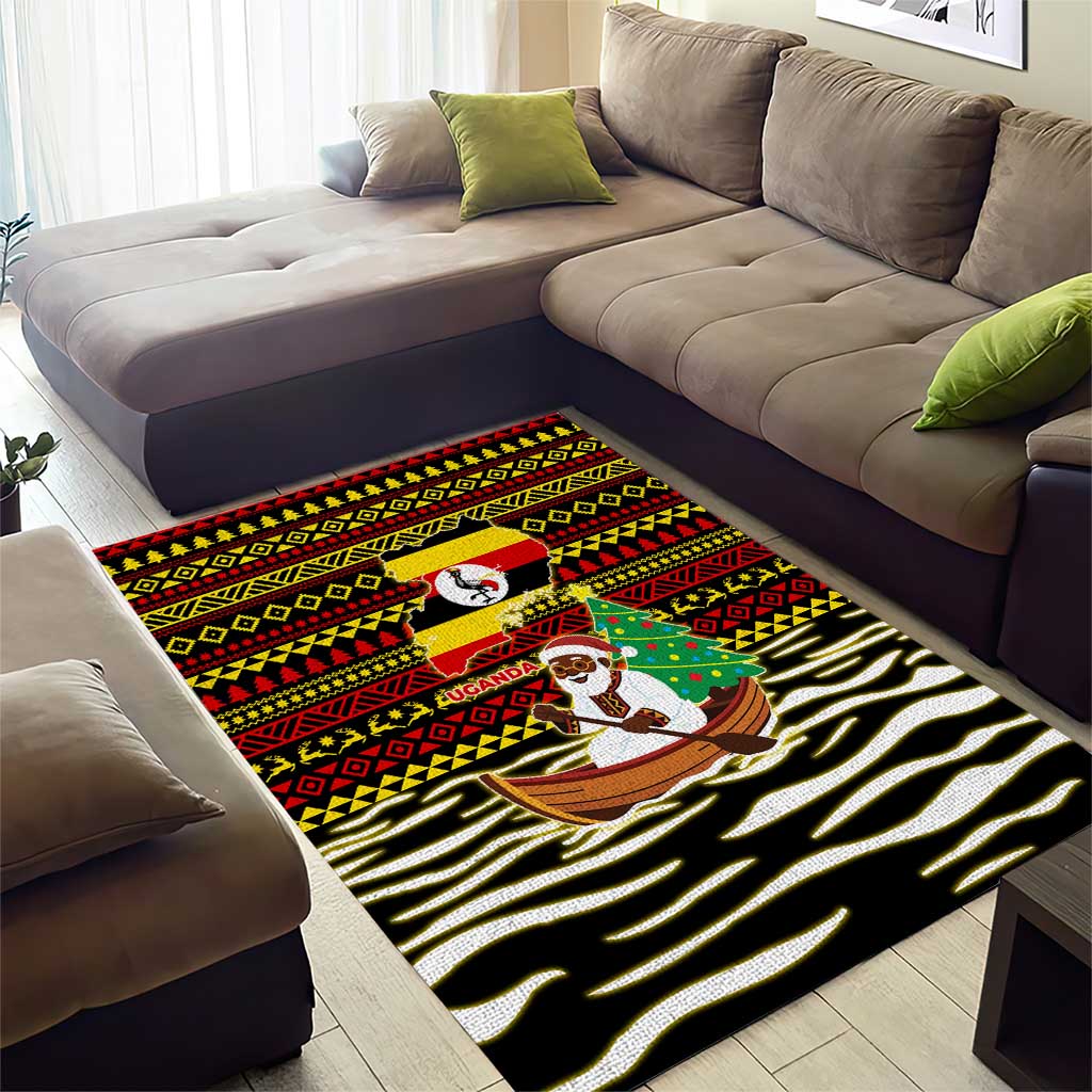 Uganda Christmas Area Rug with Santa in Canoe Christmas Tree Uganda Map Flag and Black Red Yellow Tribal Pattern Design - Wonder Print Shop