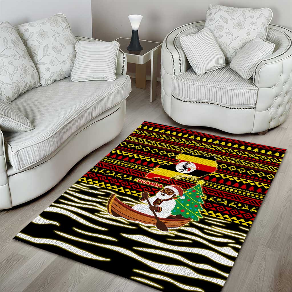 Uganda Christmas Area Rug with Santa in Canoe Christmas Tree Uganda Map Flag and Black Red Yellow Tribal Pattern Design - Wonder Print Shop