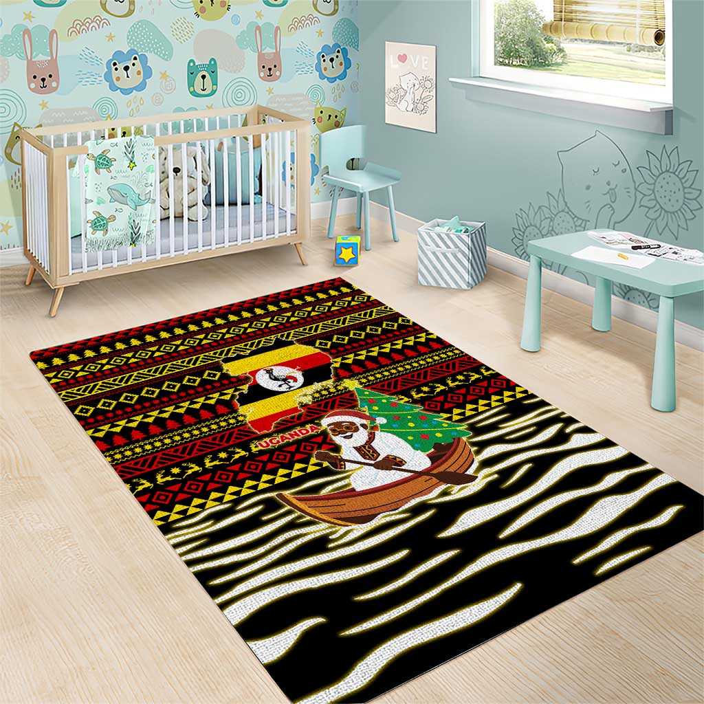 Uganda Christmas Area Rug with Santa in Canoe Christmas Tree Uganda Map Flag and Black Red Yellow Tribal Pattern Design - Wonder Print Shop