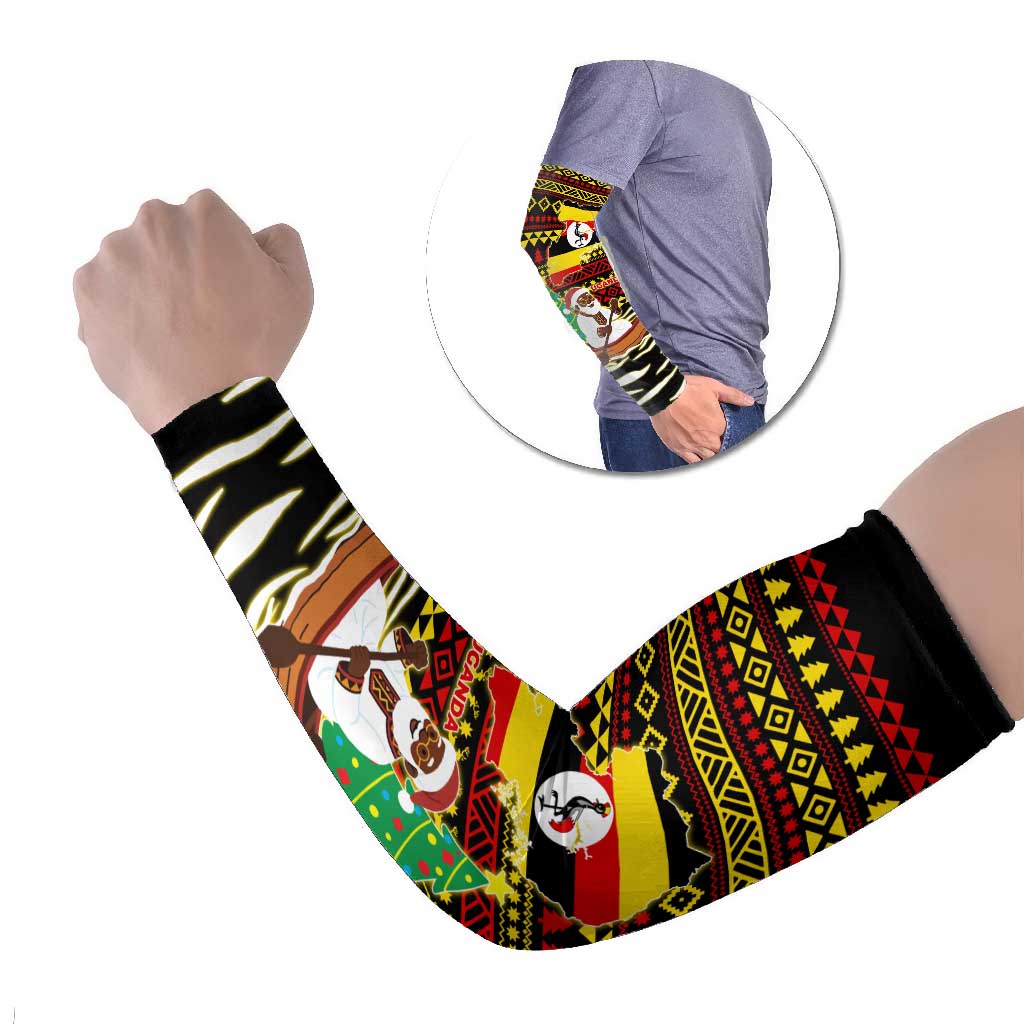 Uganda Christmas Arm Sleeves with Santa in Canoe Christmas Tree Uganda Map Flag and Black Red Yellow Tribal Pattern Design - Wonder Print Shop