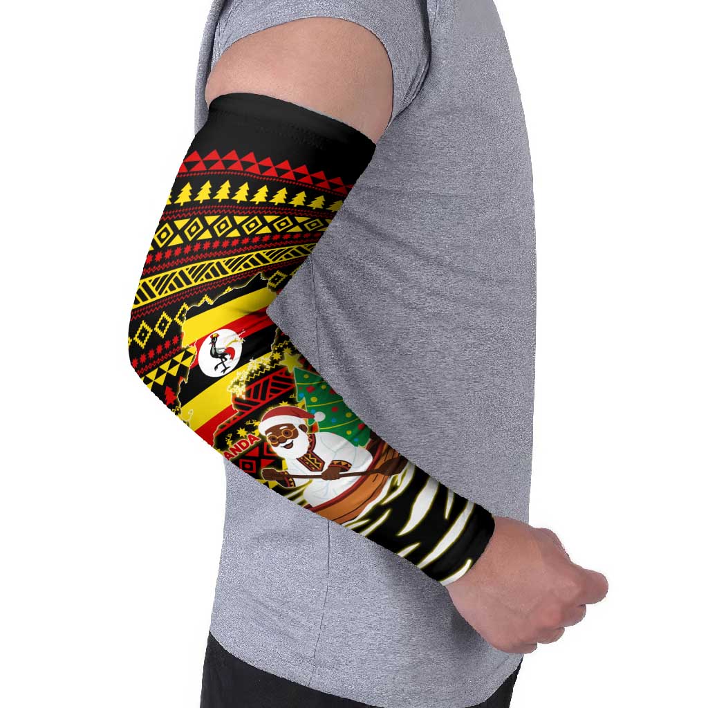 Uganda Christmas Arm Sleeves with Santa in Canoe Christmas Tree Uganda Map Flag and Black Red Yellow Tribal Pattern Design - Wonder Print Shop