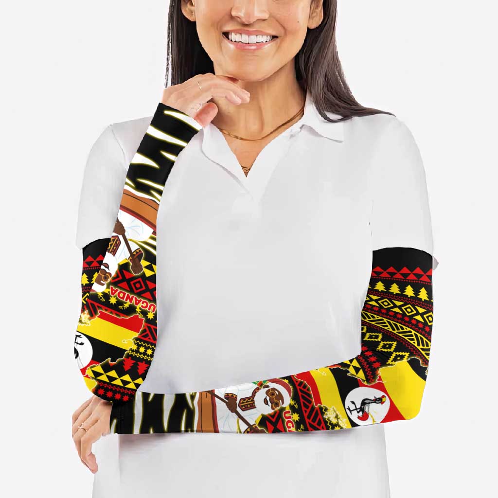 Uganda Christmas Arm Sleeves with Santa in Canoe Christmas Tree Uganda Map Flag and Black Red Yellow Tribal Pattern Design - Wonder Print Shop