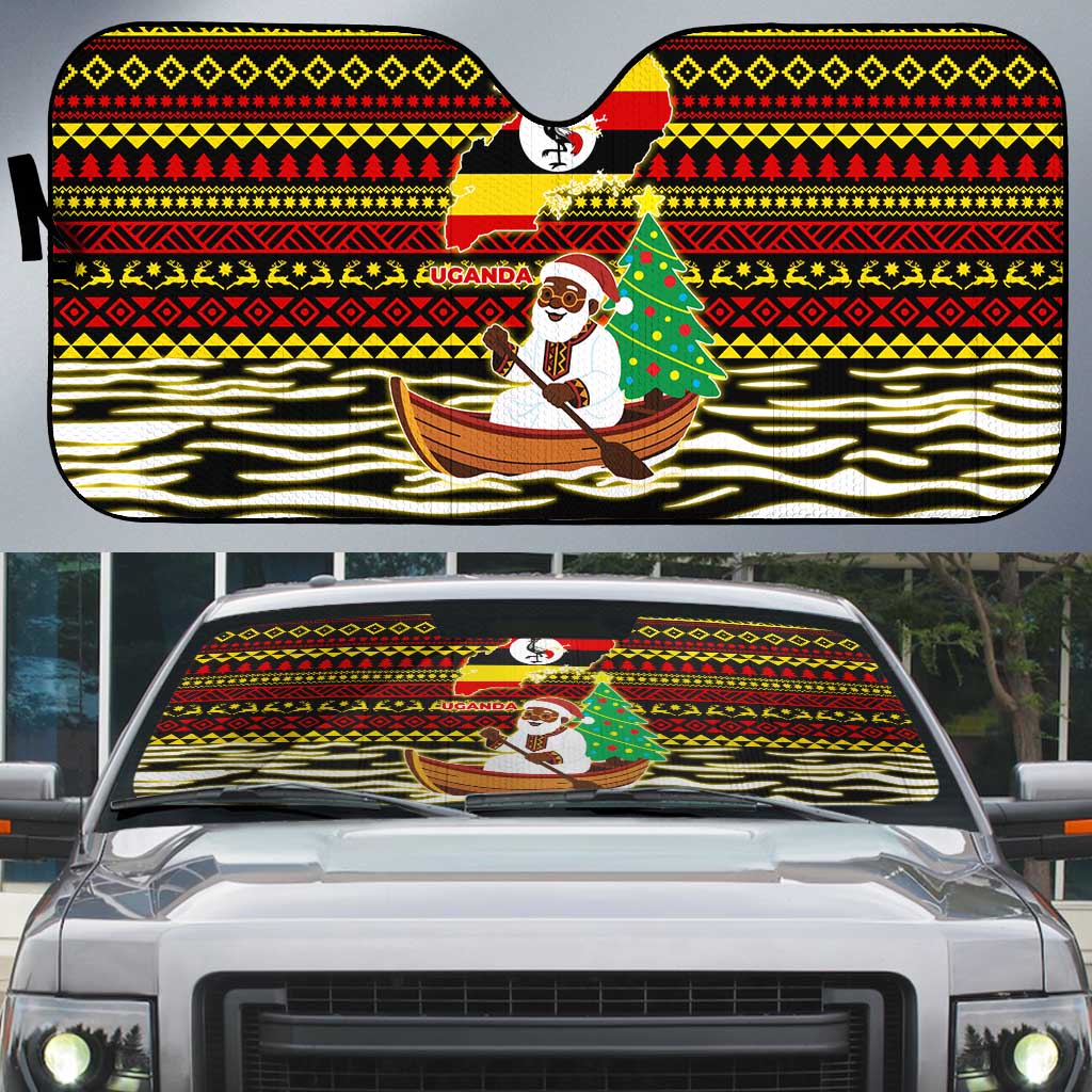 Uganda Christmas Auto Sun Shade with Santa in Canoe Christmas Tree Uganda Map Flag and Black Red Yellow Tribal Pattern Design - Wonder Print Shop