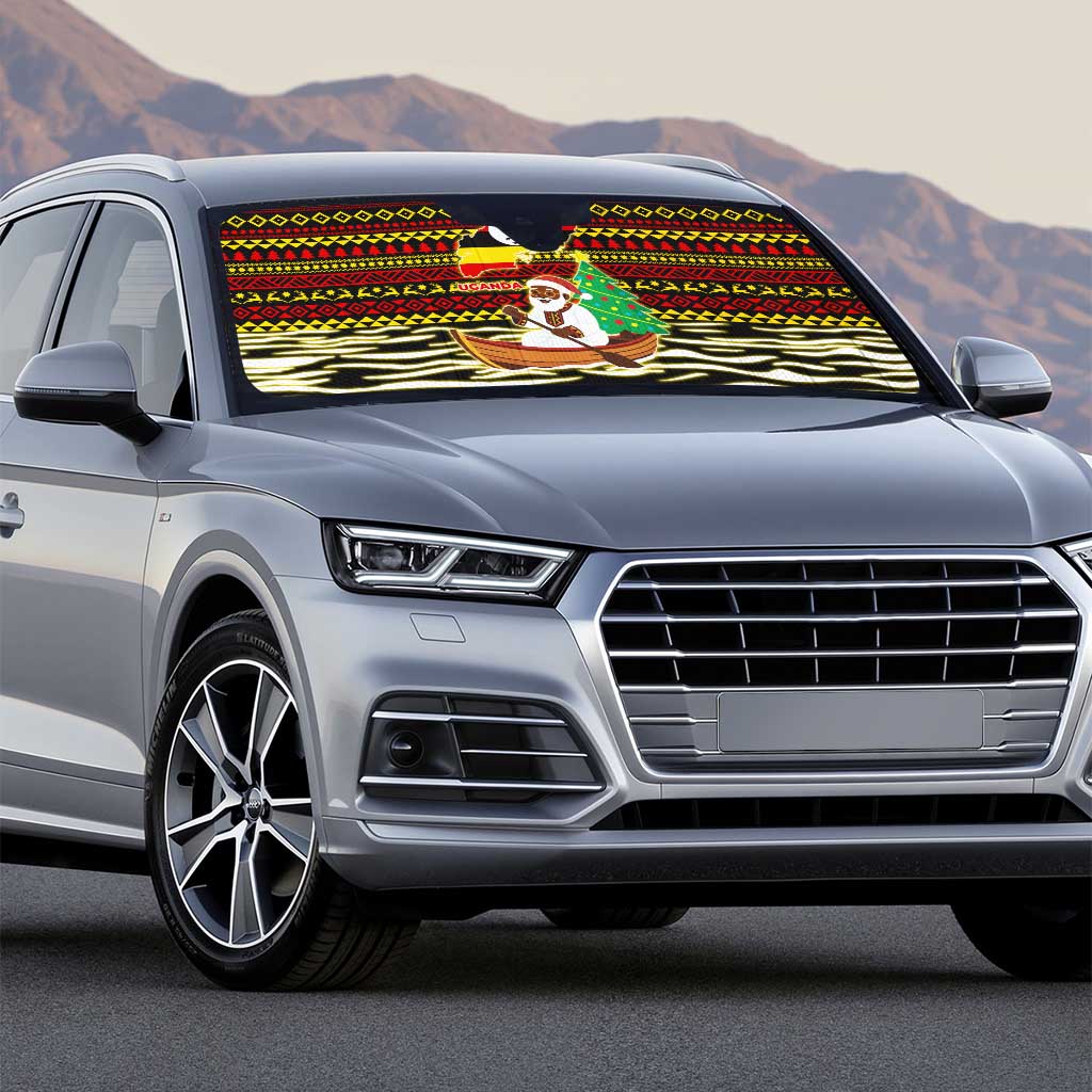 Uganda Christmas Auto Sun Shade with Santa in Canoe Christmas Tree Uganda Map Flag and Black Red Yellow Tribal Pattern Design - Wonder Print Shop