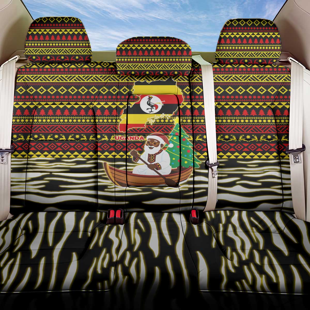 Uganda Christmas Back Car Seat Cover with Santa in Canoe Christmas Tree Uganda Map Flag and Black Red Yellow Tribal Pattern Design - Wonder Print Shop