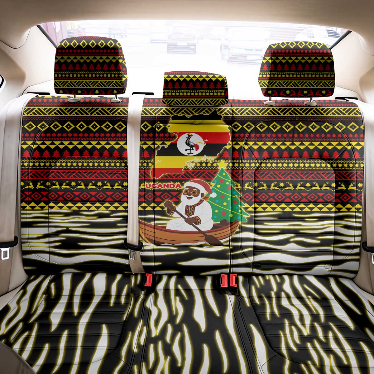 Uganda Christmas Back Car Seat Cover with Santa in Canoe Christmas Tree Uganda Map Flag and Black Red Yellow Tribal Pattern Design - Wonder Print Shop