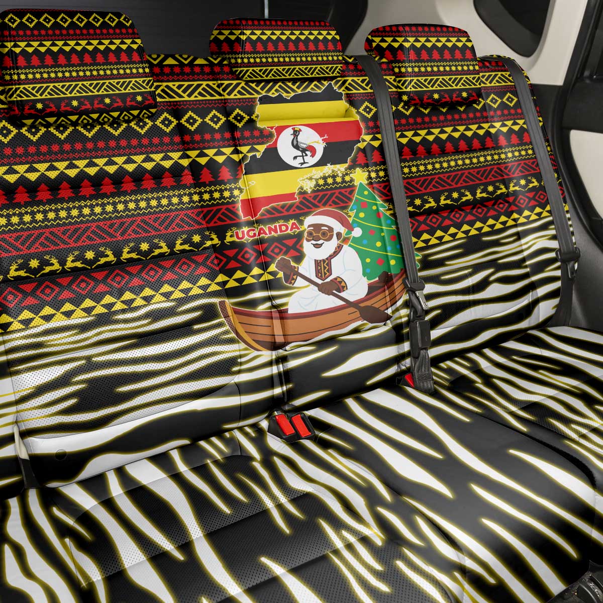 Uganda Christmas Back Car Seat Cover with Santa in Canoe Christmas Tree Uganda Map Flag and Black Red Yellow Tribal Pattern Design - Wonder Print Shop
