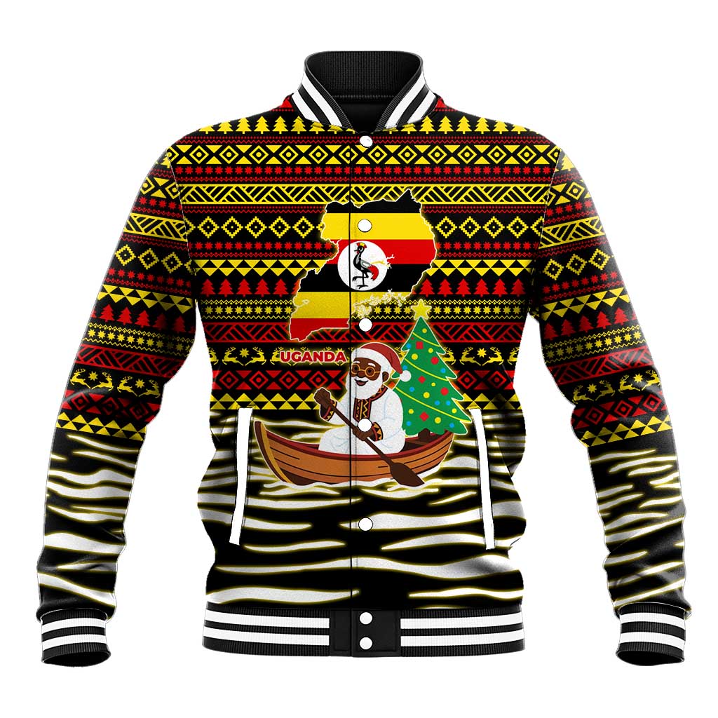 Uganda Christmas Baseball Jacket with Santa in Canoe Christmas Tree Uganda Map Flag and Black Red Yellow Tribal Pattern Design - Wonder Print Shop