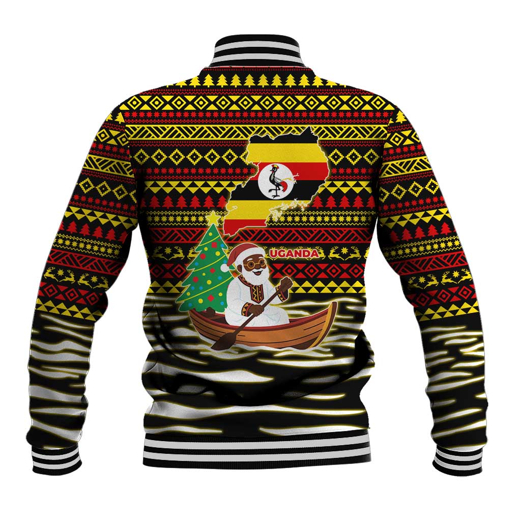Uganda Christmas Baseball Jacket with Santa in Canoe Christmas Tree Uganda Map Flag and Black Red Yellow Tribal Pattern Design - Wonder Print Shop