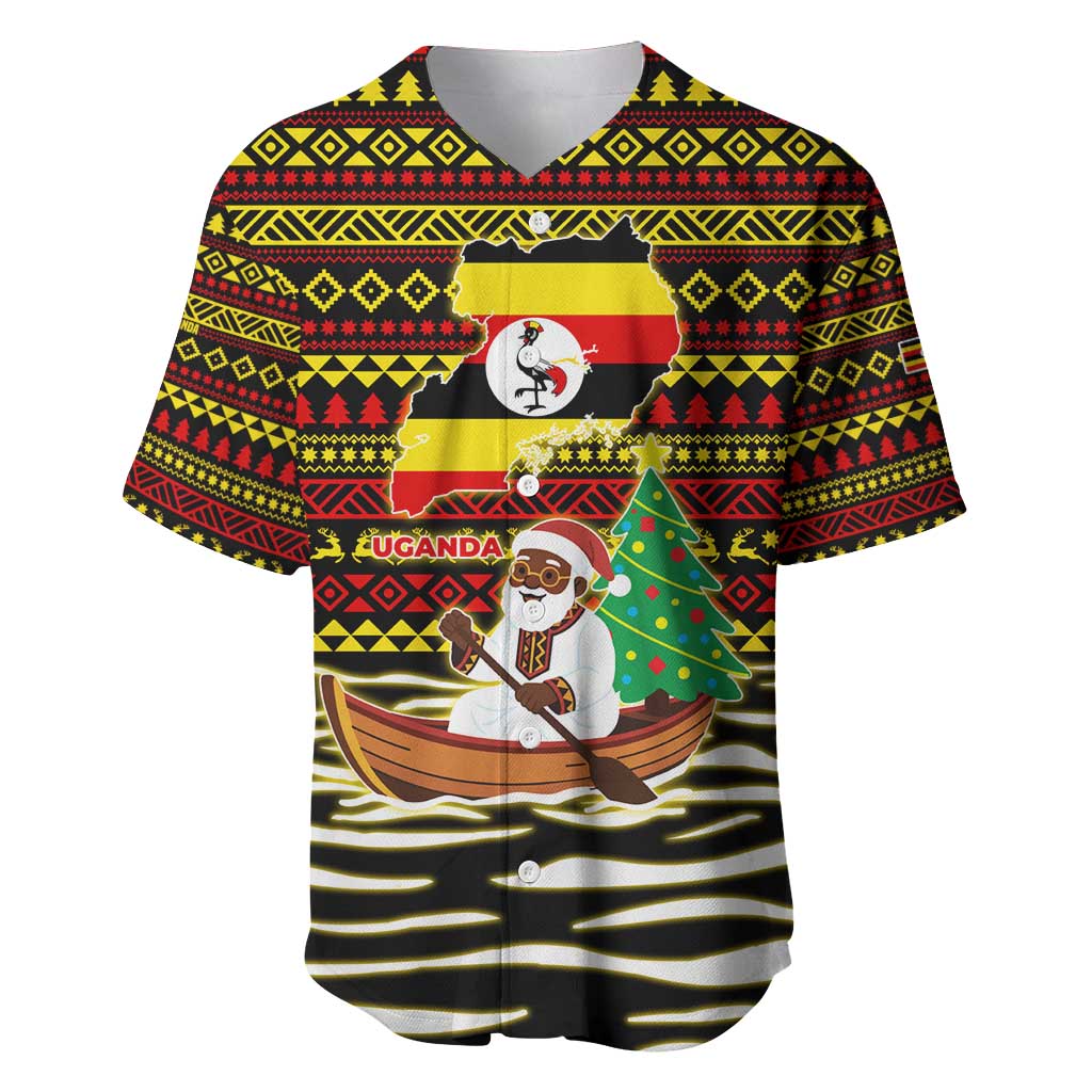 Uganda Christmas Baseball Jersey with Santa in Canoe Christmas Tree Uganda Map Flag and Black Red Yellow Tribal Pattern Design - Wonder Print Shop