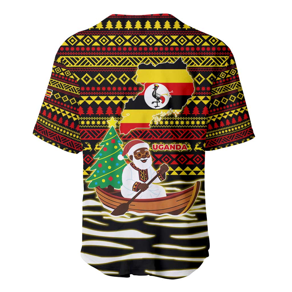 Uganda Christmas Baseball Jersey with Santa in Canoe Christmas Tree Uganda Map Flag and Black Red Yellow Tribal Pattern Design - Wonder Print Shop