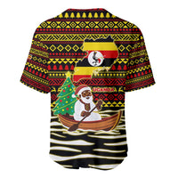 Uganda Christmas Baseball Jersey with Santa in Canoe Christmas Tree Uganda Map Flag and Black Red Yellow Tribal Pattern Design - Wonder Print Shop