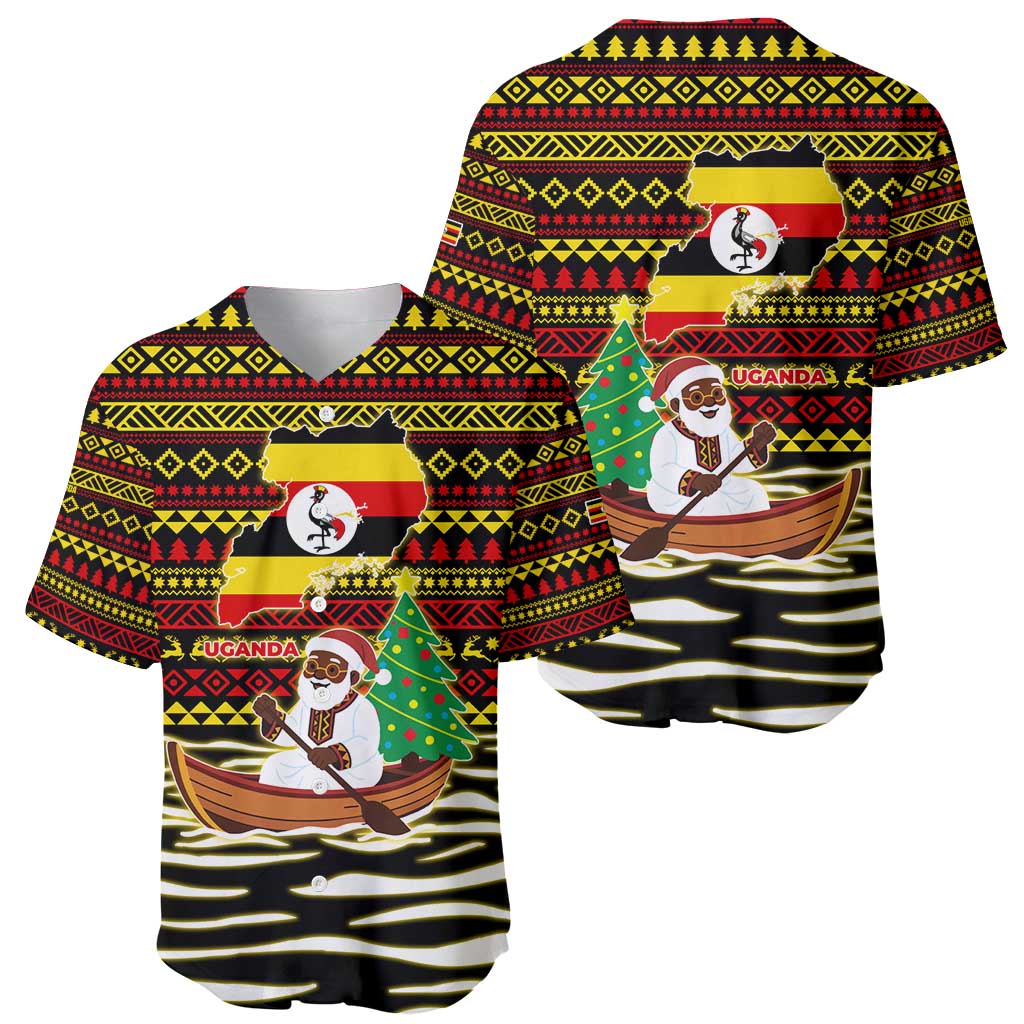 Uganda Christmas Baseball Jersey with Santa in Canoe Christmas Tree Uganda Map Flag and Black Red Yellow Tribal Pattern Design - Wonder Print Shop