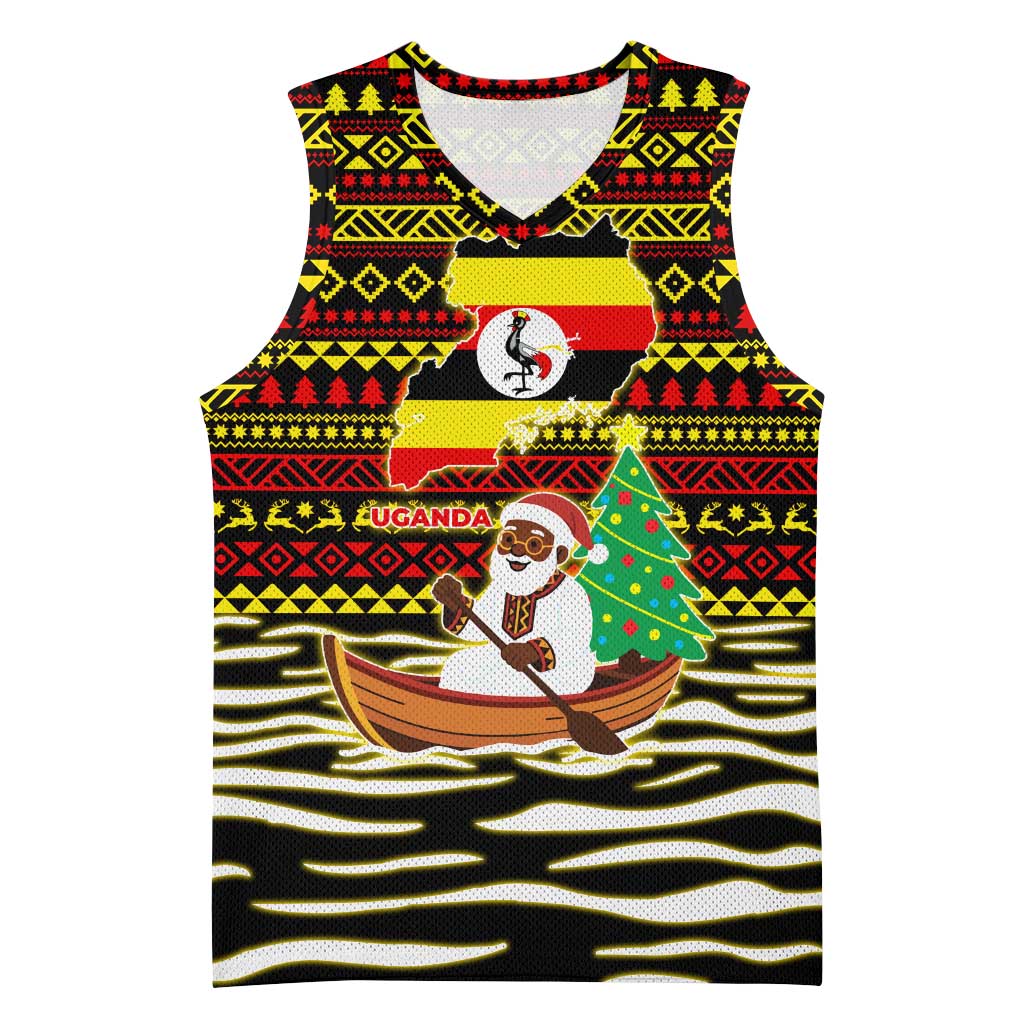 Uganda Christmas Basketball Jersey with Santa in Canoe Christmas Tree Uganda Map Flag and Black Red Yellow Tribal Pattern Design - Wonder Print Shop