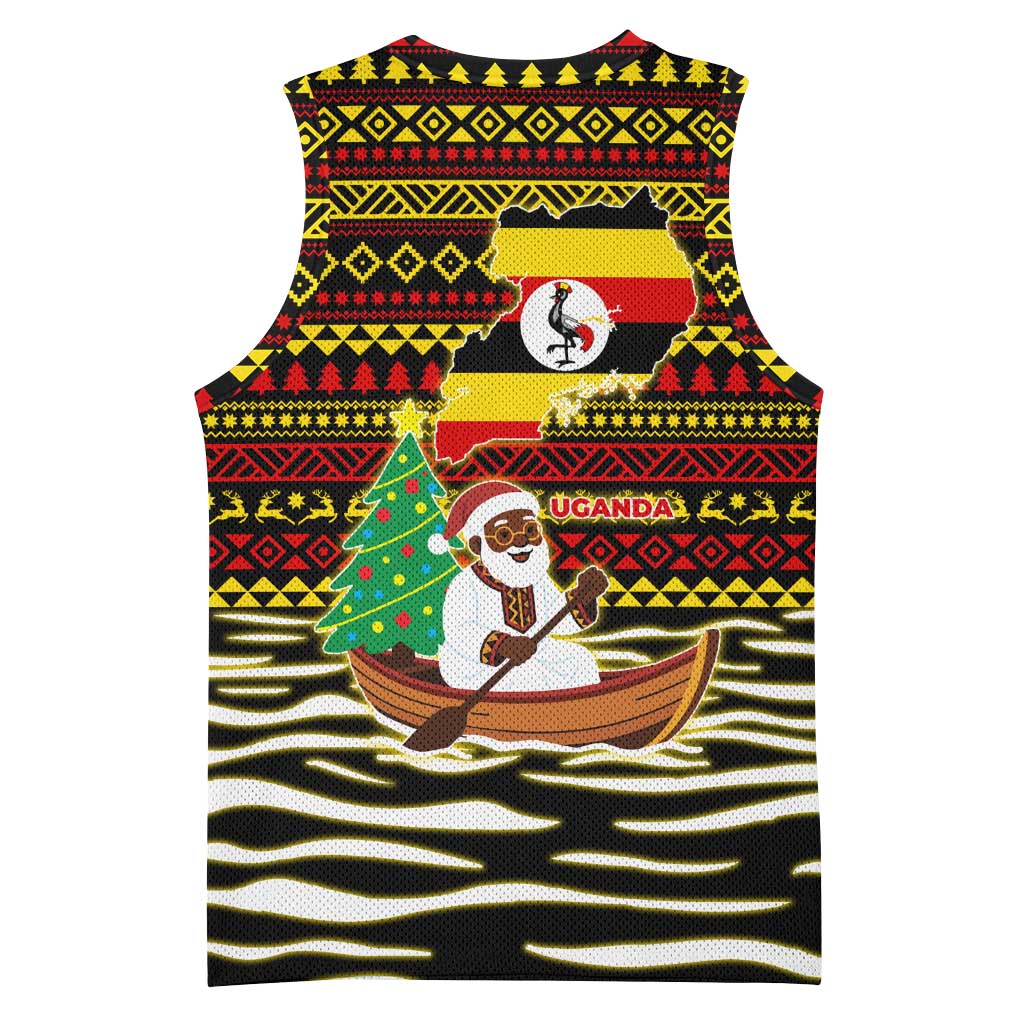 Uganda Christmas Basketball Jersey with Santa in Canoe Christmas Tree Uganda Map Flag and Black Red Yellow Tribal Pattern Design - Wonder Print Shop