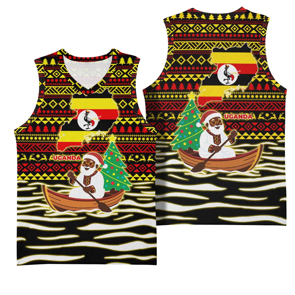 Uganda Christmas Basketball Jersey with Santa in Canoe Christmas Tree Uganda Map Flag and Black Red Yellow Tribal Pattern Design - Wonder Print Shop