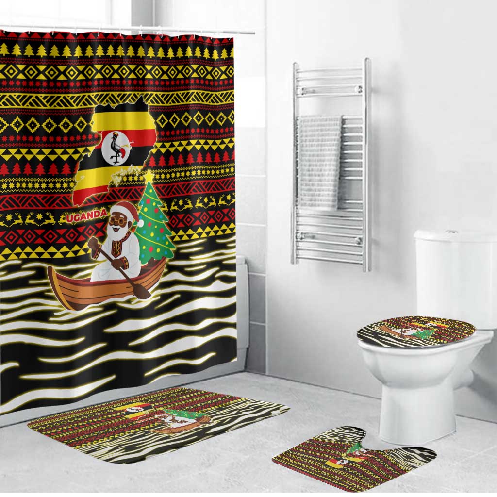 Uganda Christmas Bathroom Set with Santa in Canoe Christmas Tree Uganda Map Flag and Black Red Yellow Tribal Pattern Design - Wonder Print Shop