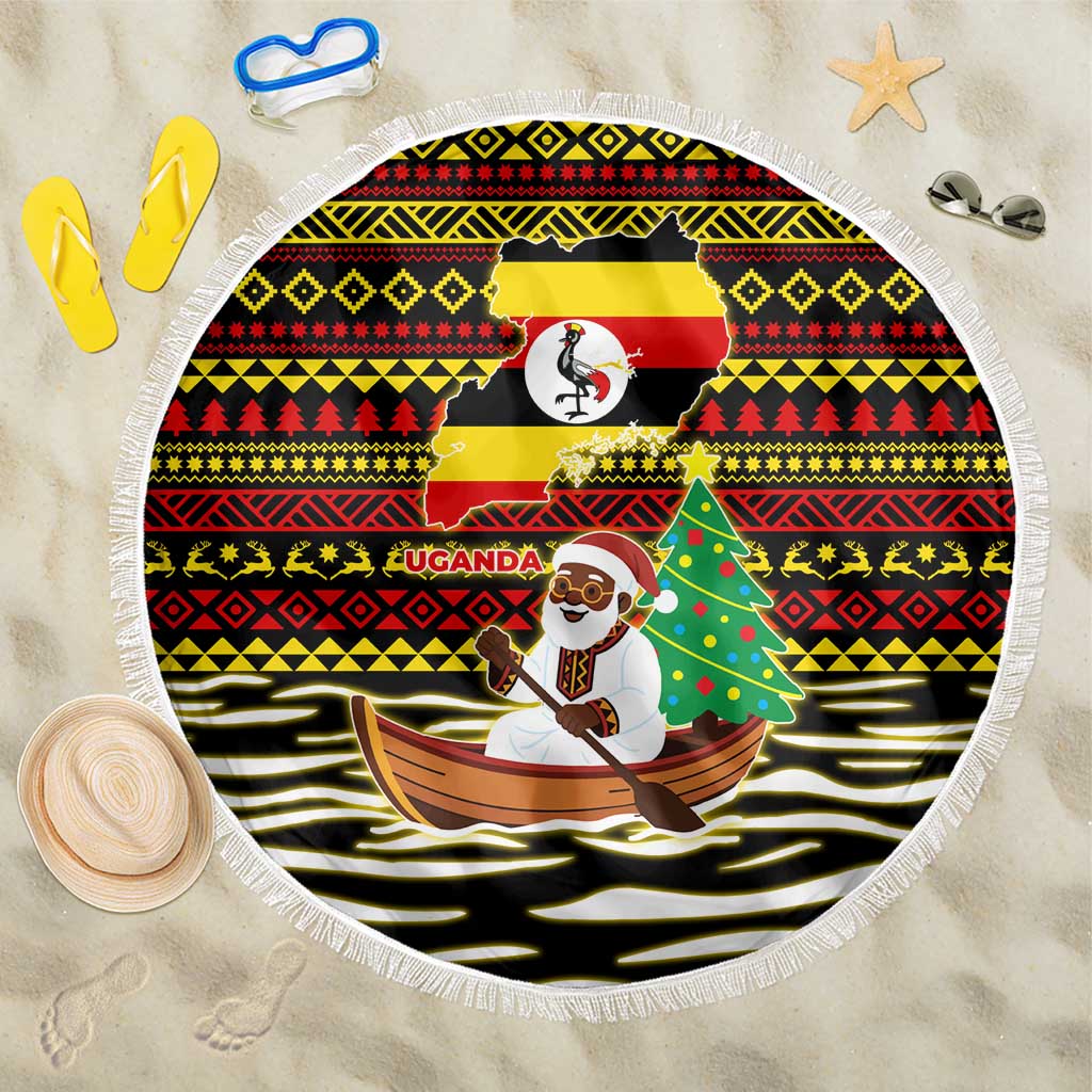 Uganda Christmas Beach Blanket with Santa in Canoe Christmas Tree Uganda Map Flag and Black Red Yellow Tribal Pattern Design - Wonder Print Shop