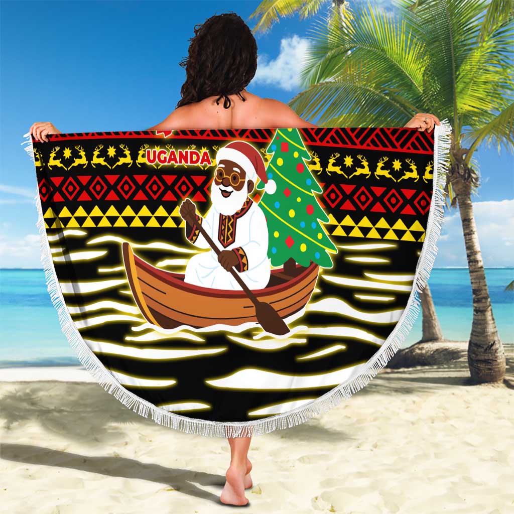 Uganda Christmas Beach Blanket with Santa in Canoe Christmas Tree Uganda Map Flag and Black Red Yellow Tribal Pattern Design - Wonder Print Shop