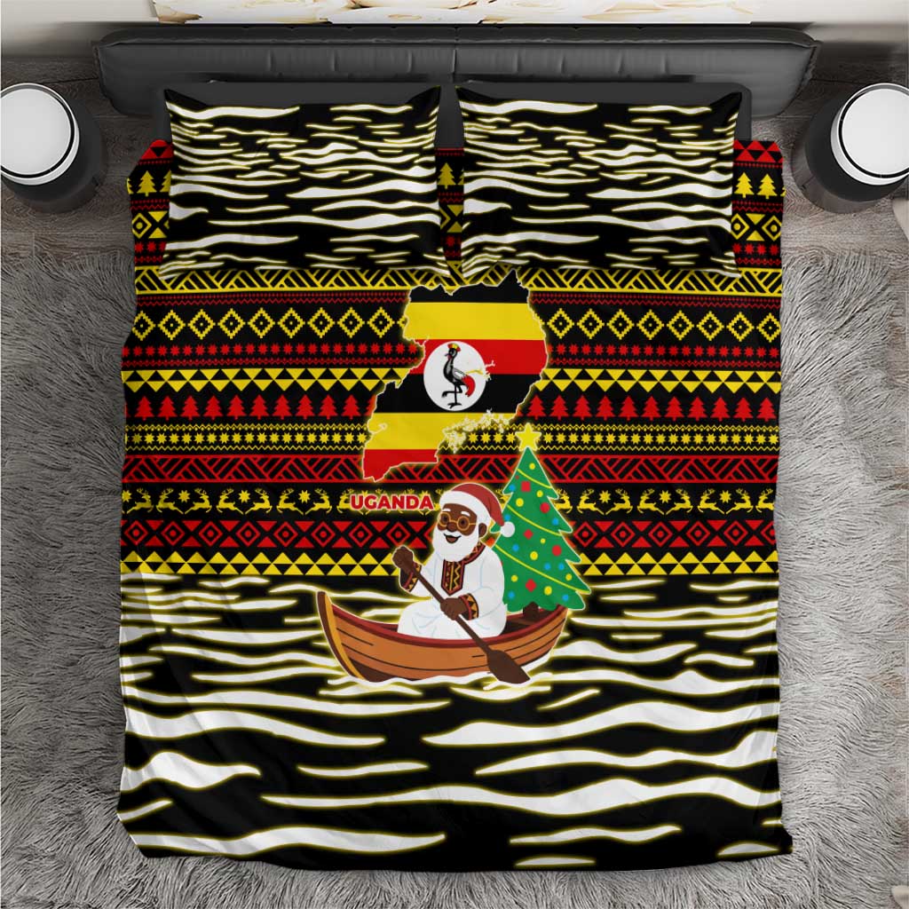 Uganda Christmas Bedding Set with Santa in Canoe Christmas Tree Uganda Map Flag and Black Red Yellow Tribal Pattern Design - Wonder Print Shop