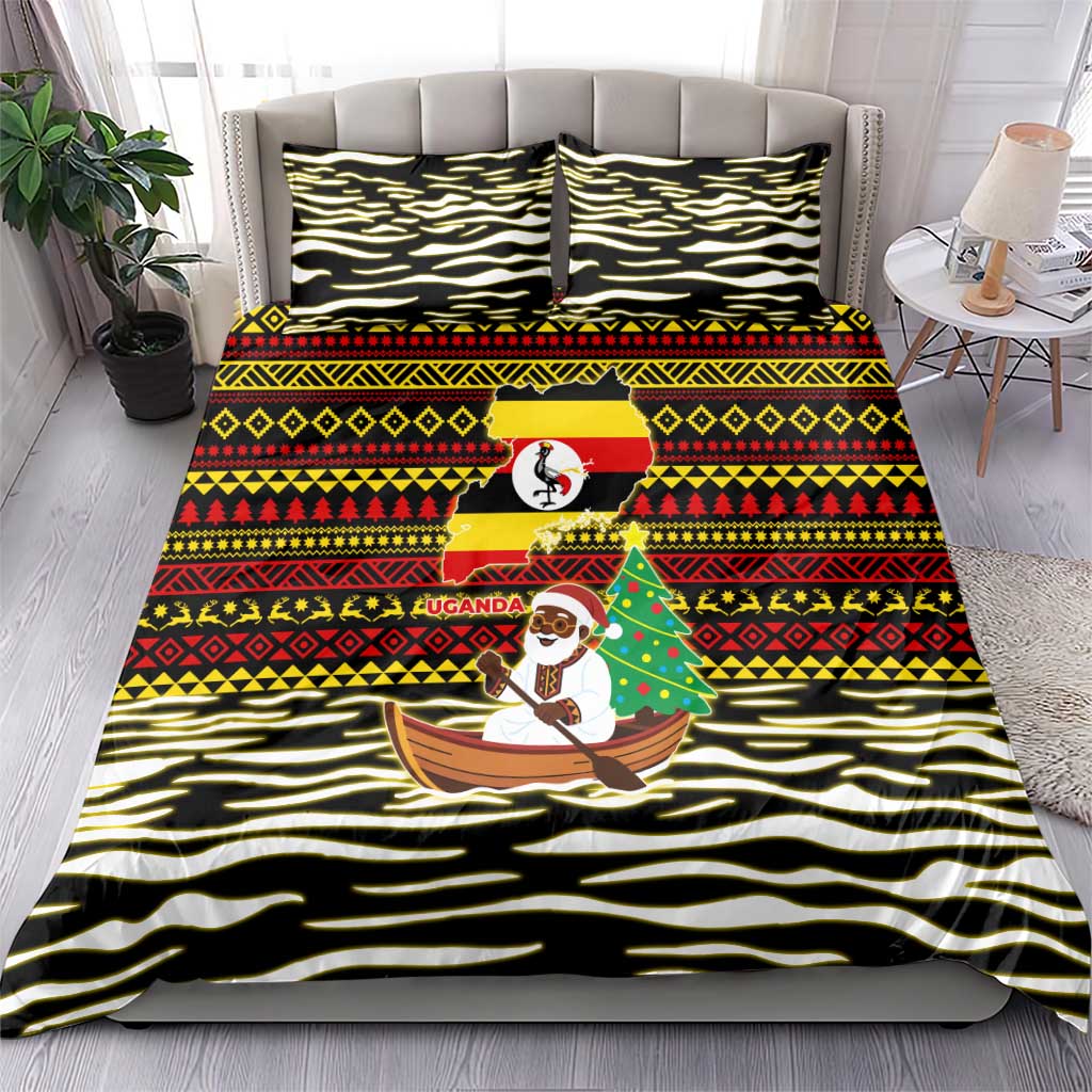 Uganda Christmas Bedding Set with Santa in Canoe Christmas Tree Uganda Map Flag and Black Red Yellow Tribal Pattern Design - Wonder Print Shop