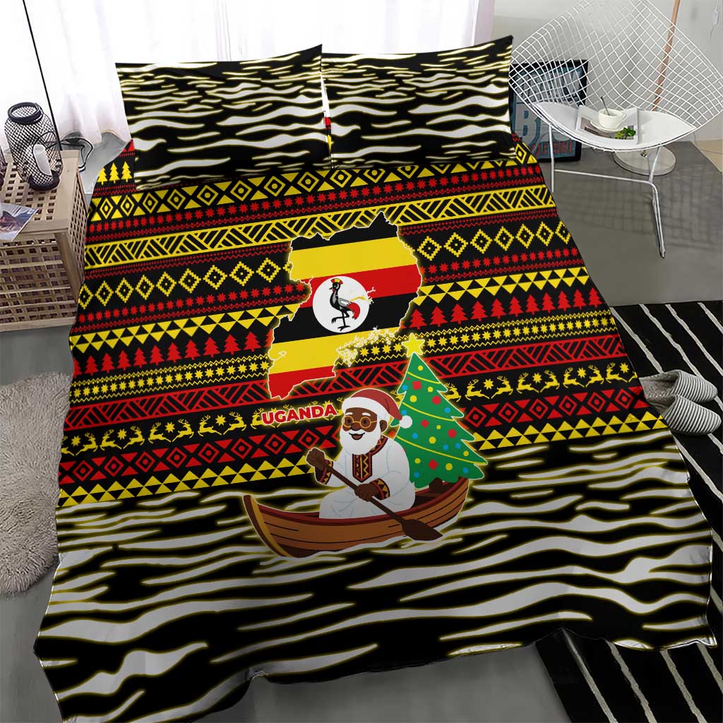 Uganda Christmas Bedding Set with Santa in Canoe Christmas Tree Uganda Map Flag and Black Red Yellow Tribal Pattern Design - Wonder Print Shop