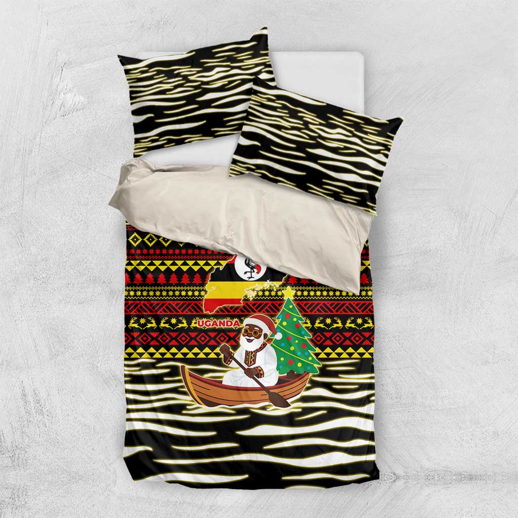 Uganda Christmas Bedding Set with Santa in Canoe Christmas Tree Uganda Map Flag and Black Red Yellow Tribal Pattern Design - Wonder Print Shop