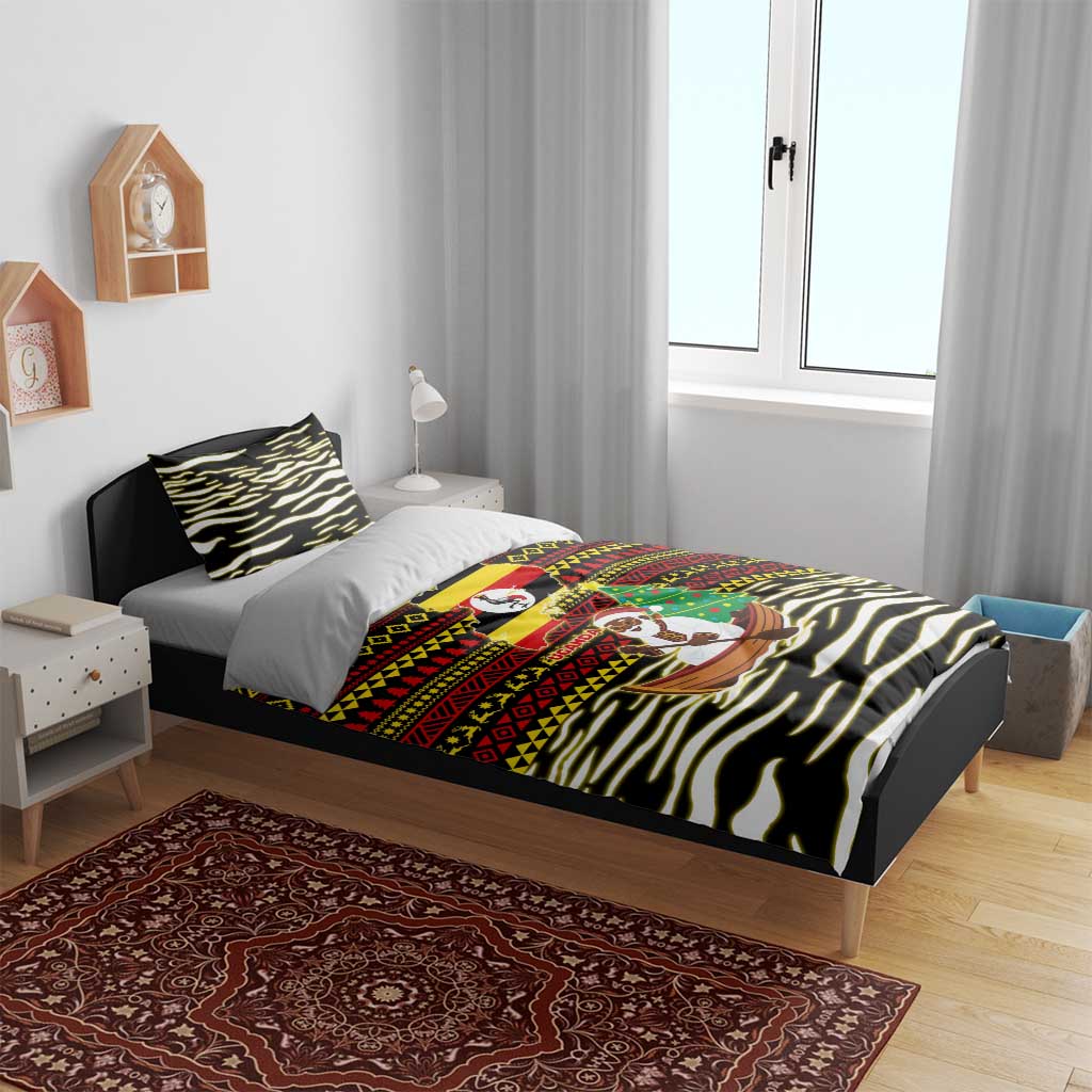 Uganda Christmas Bedding Set with Santa in Canoe Christmas Tree Uganda Map Flag and Black Red Yellow Tribal Pattern Design - Wonder Print Shop