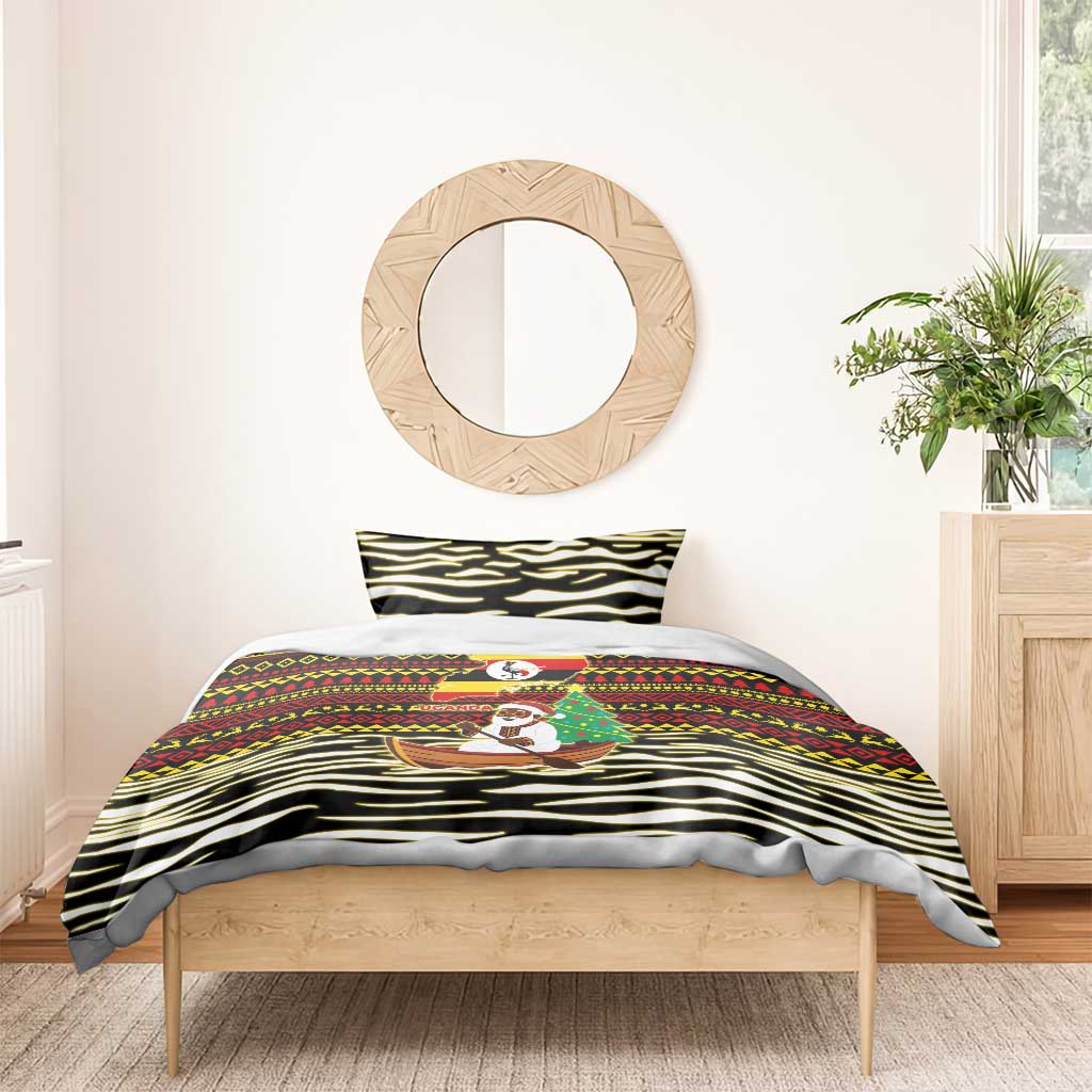 Uganda Christmas Bedding Set with Santa in Canoe Christmas Tree Uganda Map Flag and Black Red Yellow Tribal Pattern Design - Wonder Print Shop