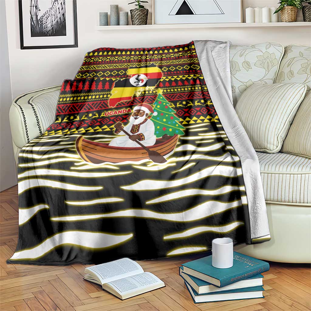 Uganda Christmas Blanket with Santa in Canoe Christmas Tree Uganda Map Flag and Black Red Yellow Tribal Pattern Design - Wonder Print Shop