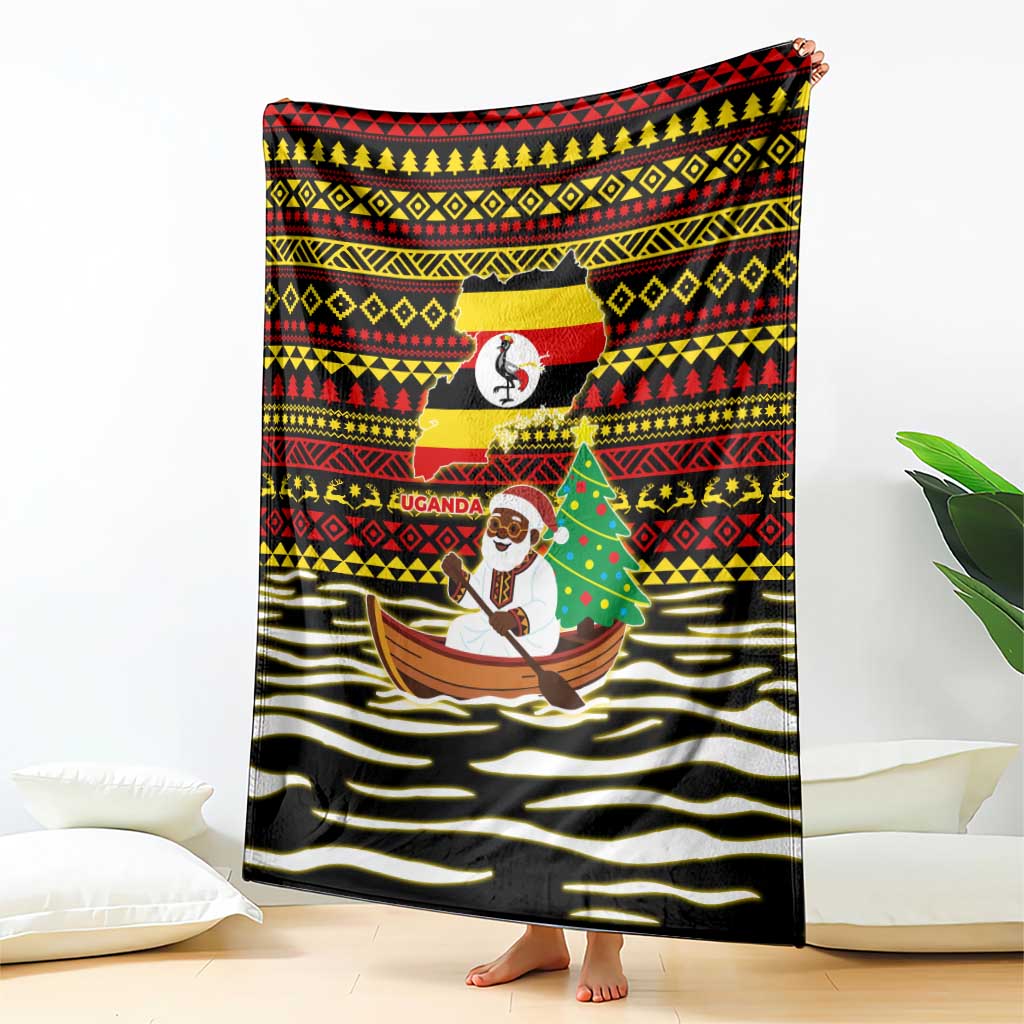 Uganda Christmas Blanket with Santa in Canoe Christmas Tree Uganda Map Flag and Black Red Yellow Tribal Pattern Design - Wonder Print Shop