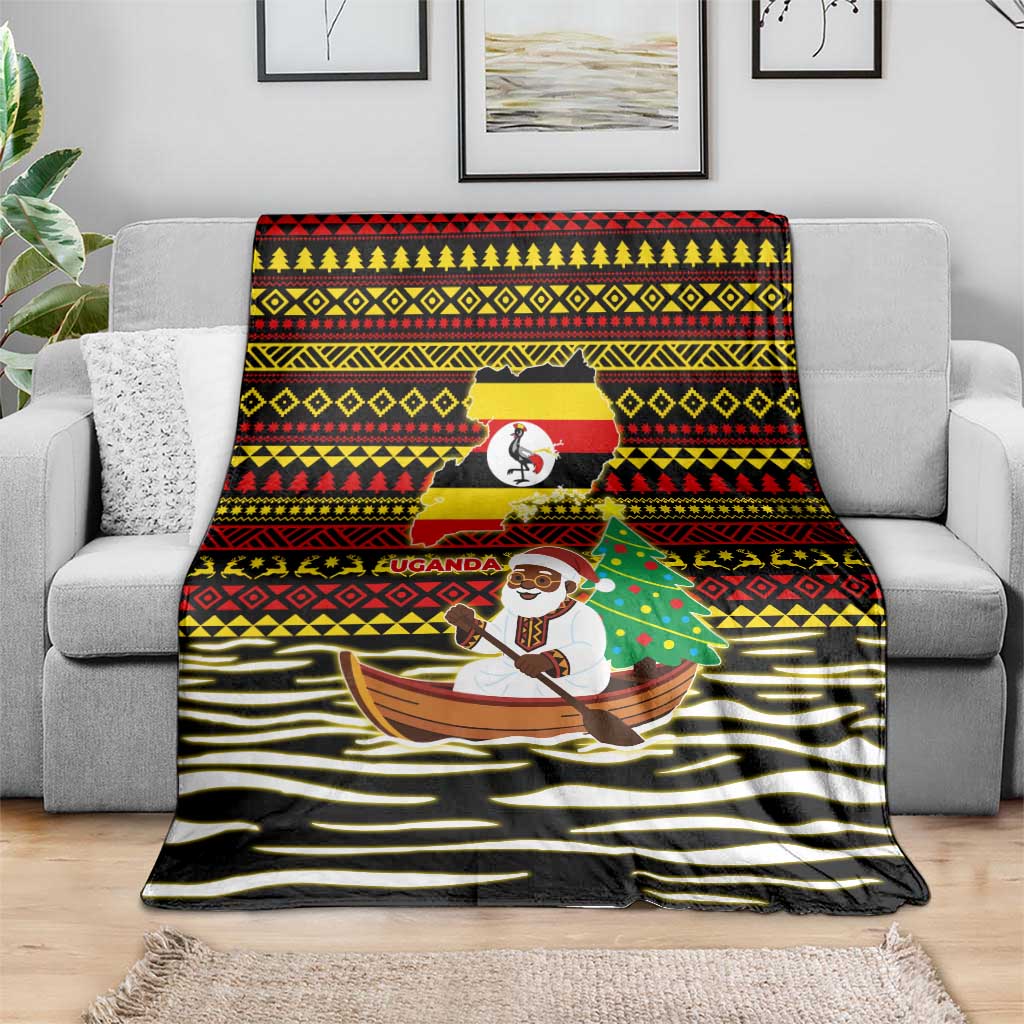 Uganda Christmas Blanket with Santa in Canoe Christmas Tree Uganda Map Flag and Black Red Yellow Tribal Pattern Design - Wonder Print Shop