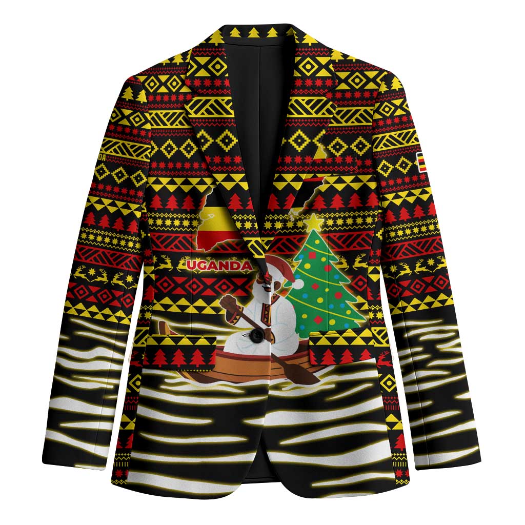 Uganda Christmas Blazer with Santa in Canoe Christmas Tree Uganda Map Flag and Black Red Yellow Tribal Pattern Design - Wonder Print Shop