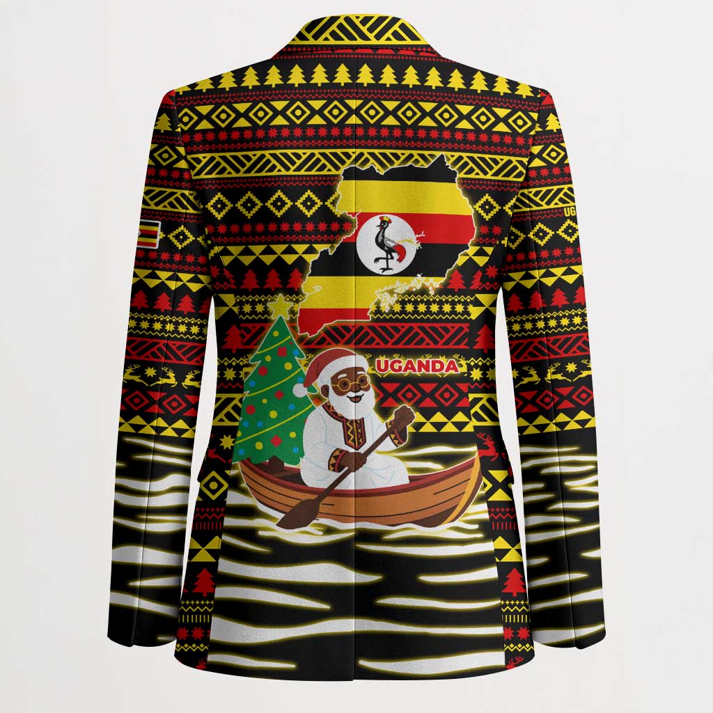 Uganda Christmas Blazer with Santa in Canoe Christmas Tree Uganda Map Flag and Black Red Yellow Tribal Pattern Design - Wonder Print Shop