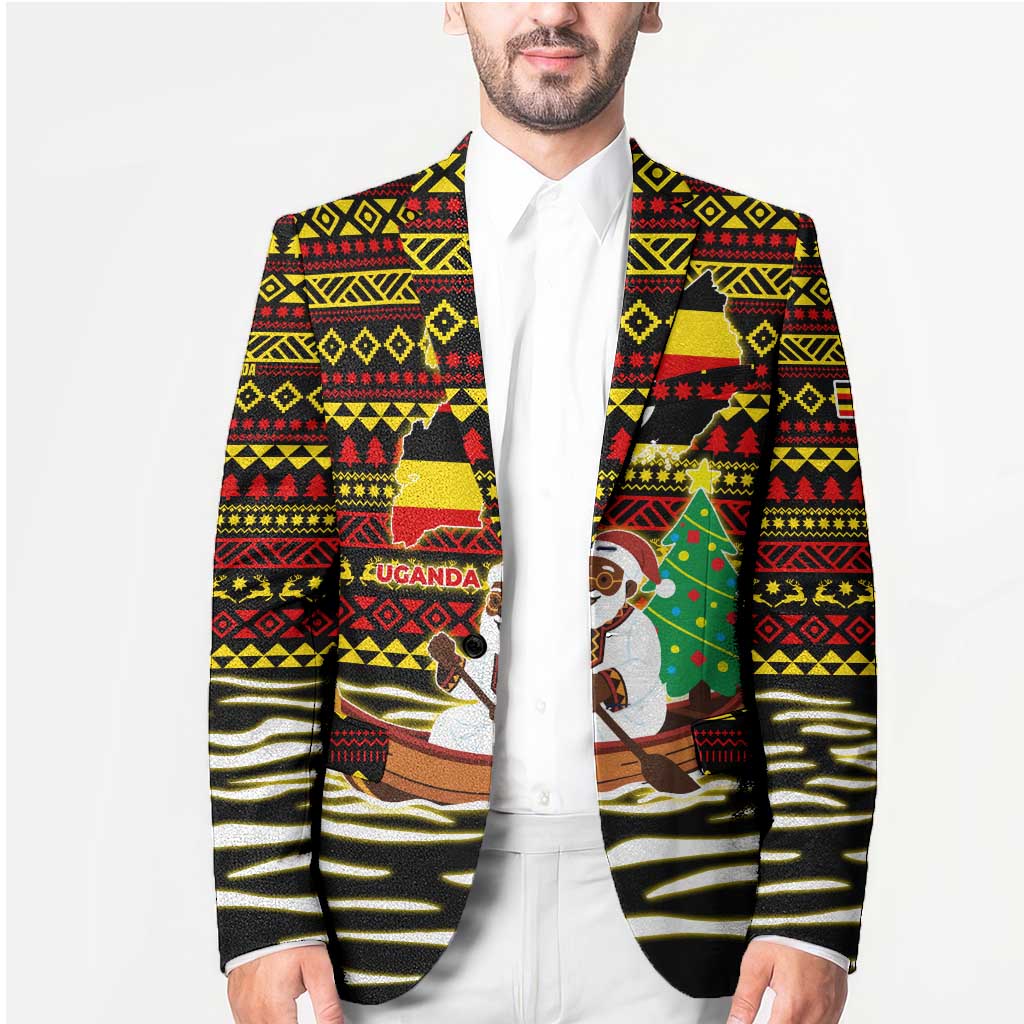 Uganda Christmas Blazer with Santa in Canoe Christmas Tree Uganda Map Flag and Black Red Yellow Tribal Pattern Design - Wonder Print Shop