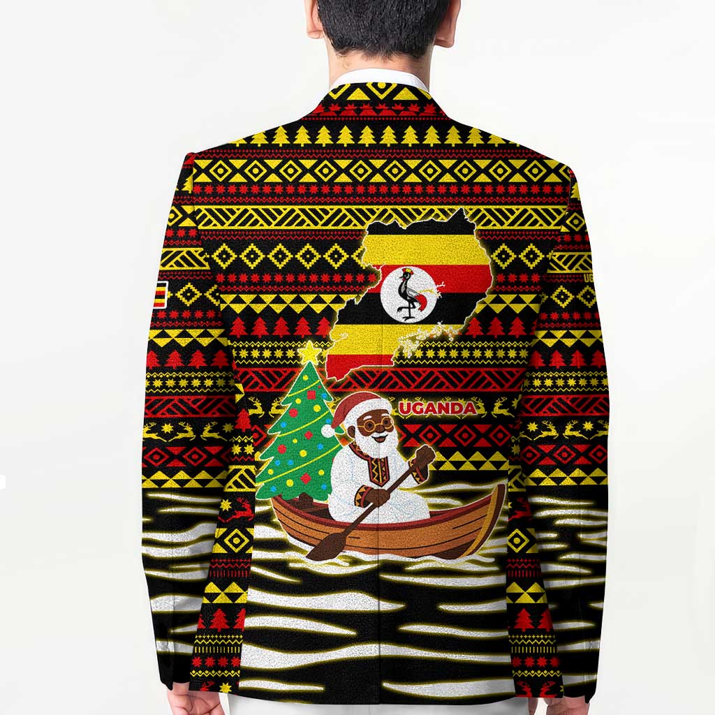 Uganda Christmas Blazer with Santa in Canoe Christmas Tree Uganda Map Flag and Black Red Yellow Tribal Pattern Design - Wonder Print Shop