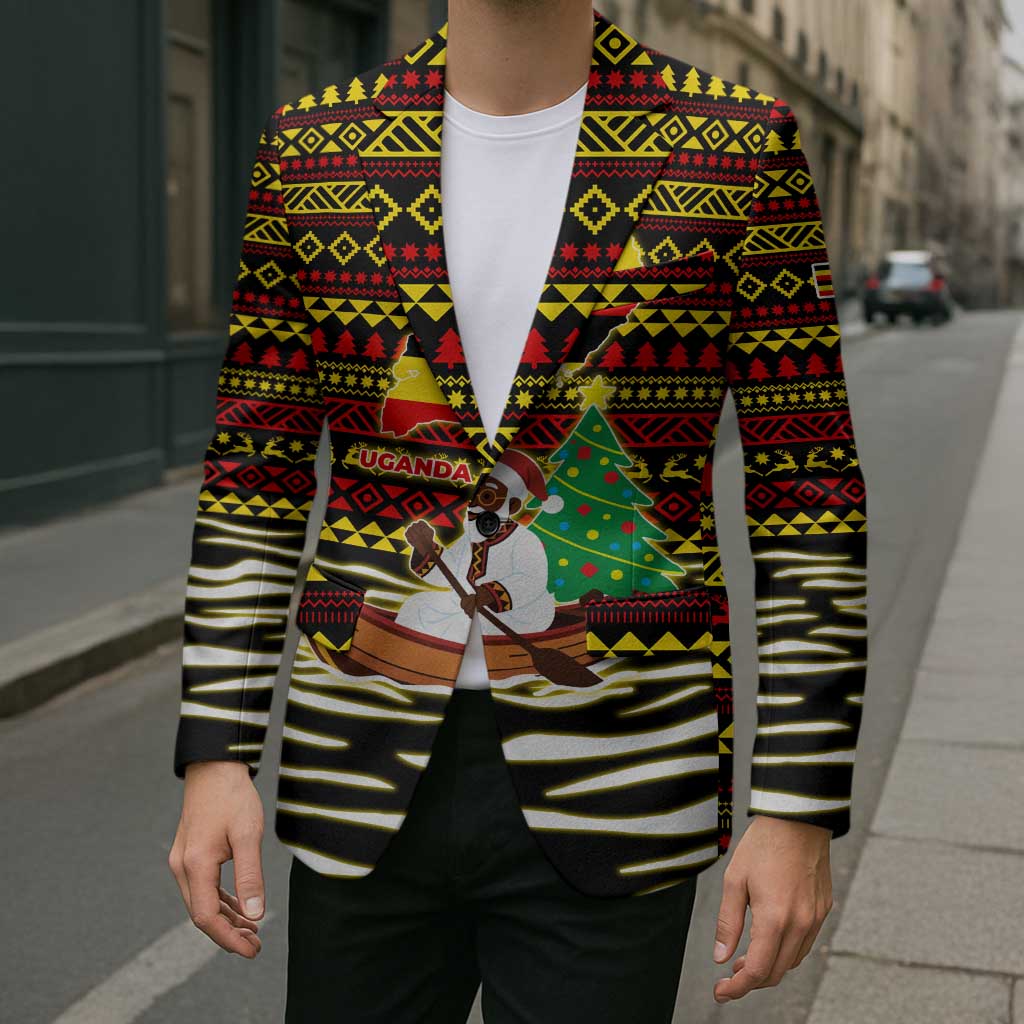 Uganda Christmas Blazer with Santa in Canoe Christmas Tree Uganda Map Flag and Black Red Yellow Tribal Pattern Design - Wonder Print Shop
