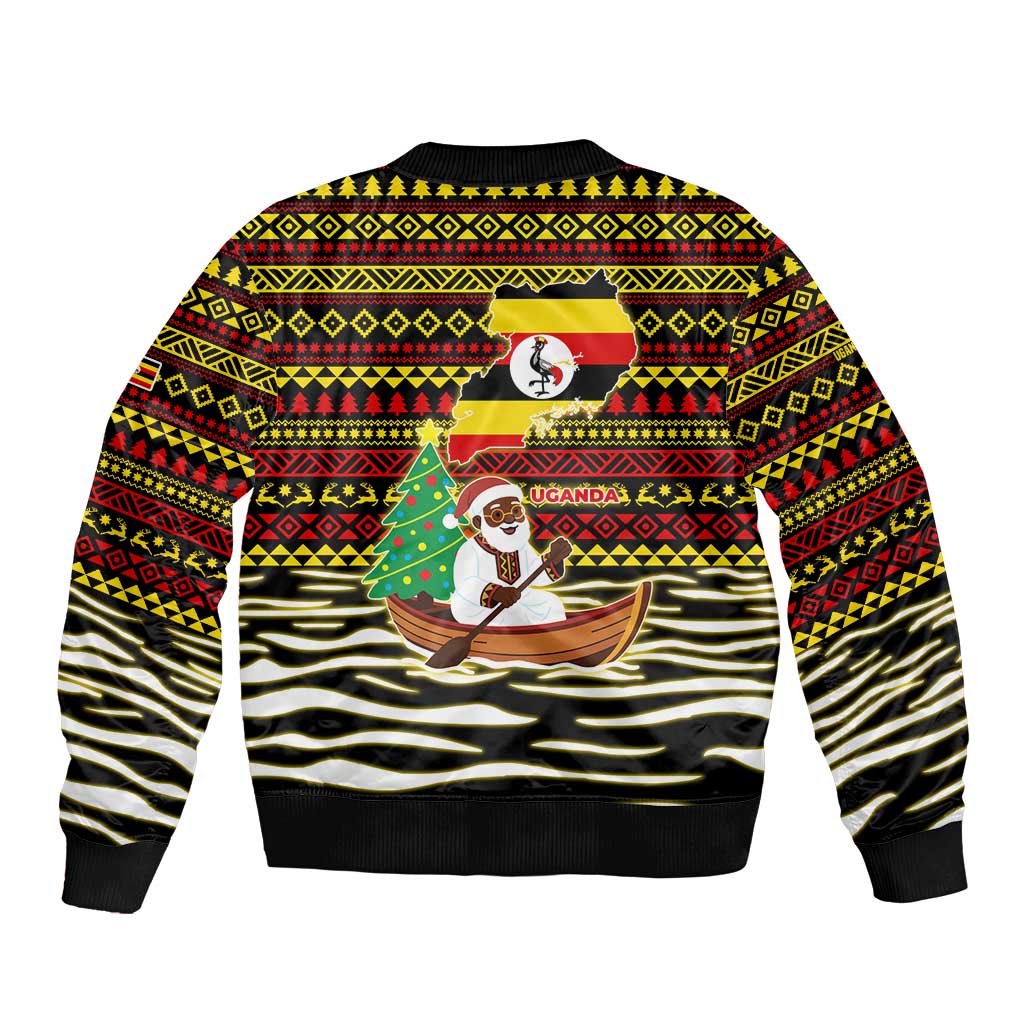 Uganda Christmas Bomber Jacket with Santa in Canoe Christmas Tree Uganda Map Flag and Black Red Yellow Tribal Pattern Design - Wonder Print Shop