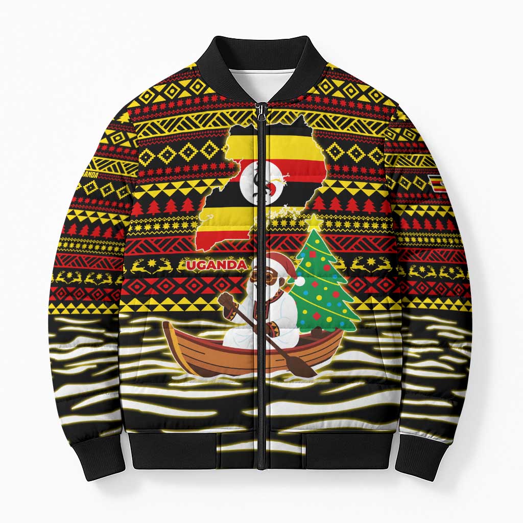 Uganda Christmas Bomber Puffer Jacket with Santa in Canoe Christmas Tree Uganda Map Flag and Black Red Yellow Tribal Pattern Design - Wonder Print Shop