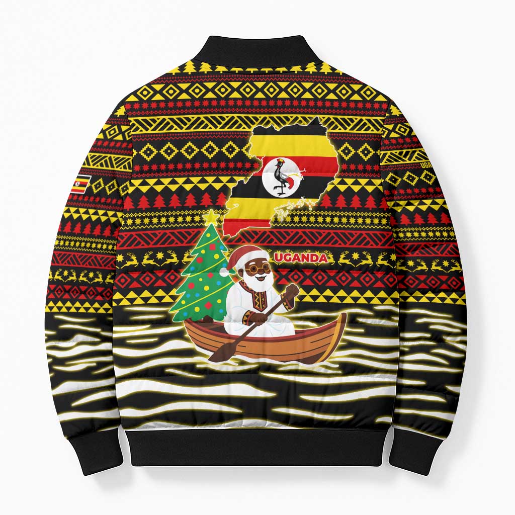 Uganda Christmas Bomber Puffer Jacket with Santa in Canoe Christmas Tree Uganda Map Flag and Black Red Yellow Tribal Pattern Design - Wonder Print Shop