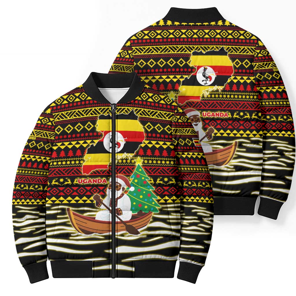 Uganda Christmas Bomber Puffer Jacket with Santa in Canoe Christmas Tree Uganda Map Flag and Black Red Yellow Tribal Pattern Design - Wonder Print Shop